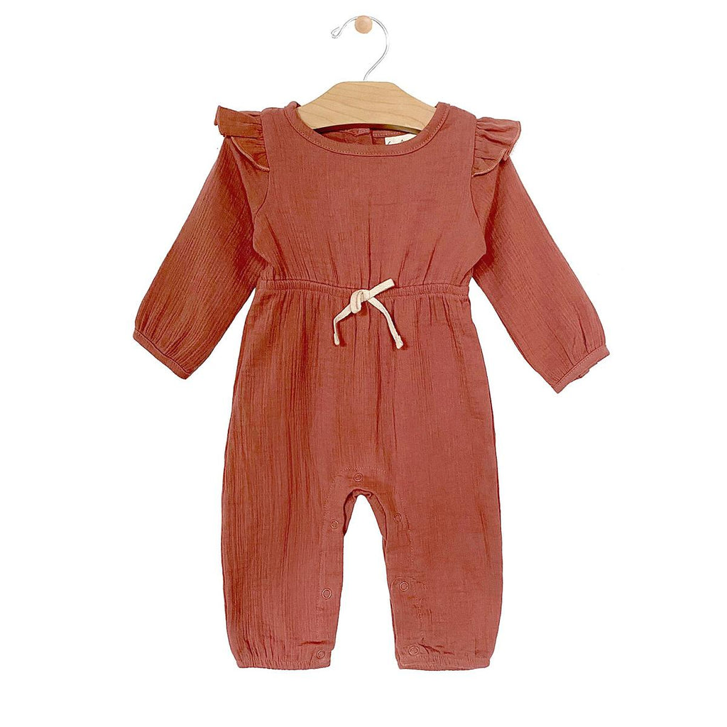 Brick Dust Waist Tie Long Romper